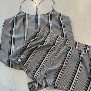 XL Victoria Secret Pajama Set Cami Top Shorts Striped Satin Black White Sleepwea